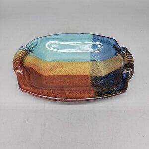 Handmade Pottery Stoneware Soap Dish Footed Blue Brown